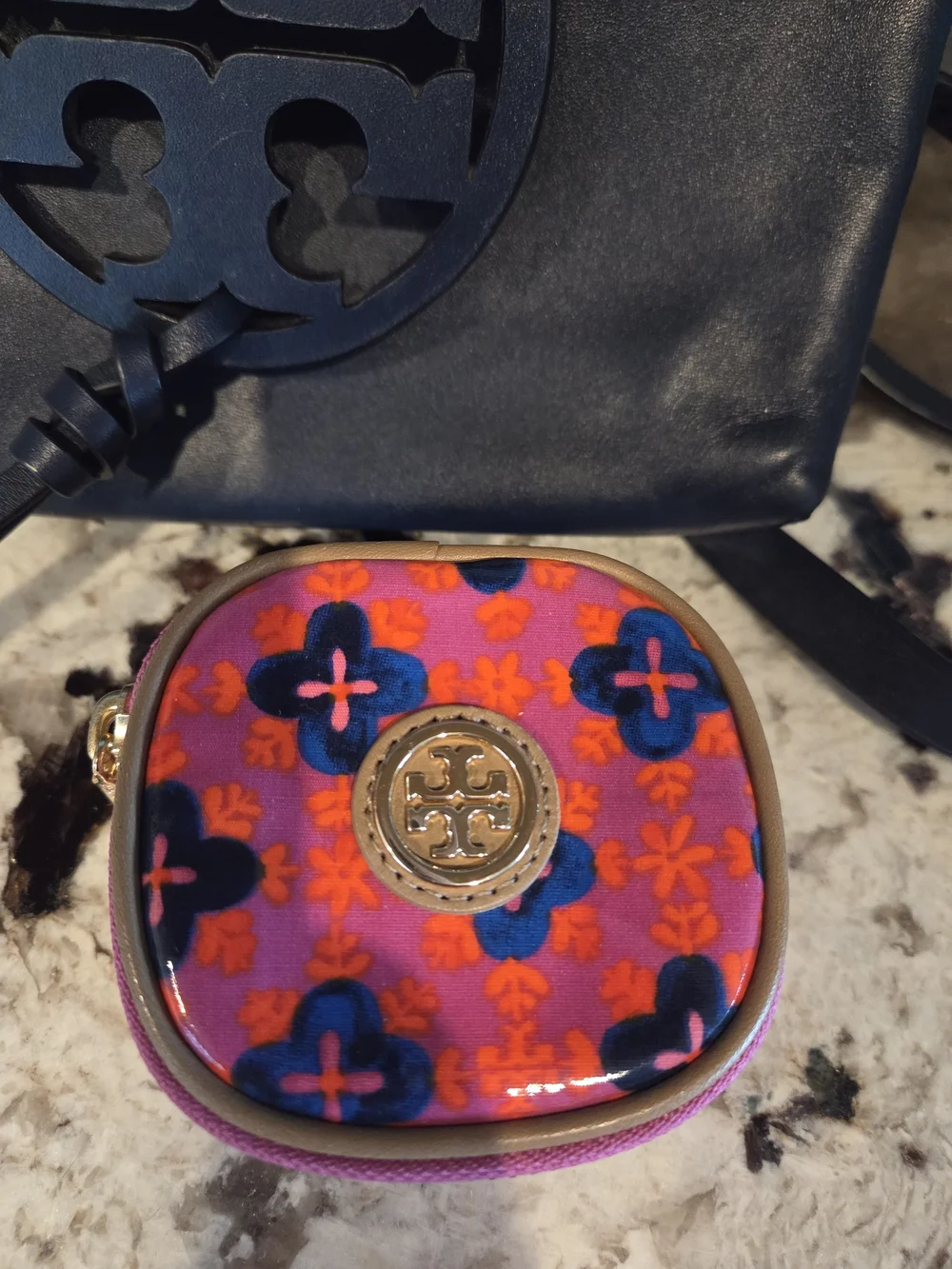 Tory Burch Navy Leather Crossbody Bag with Logo Medallion And Coin Purse
